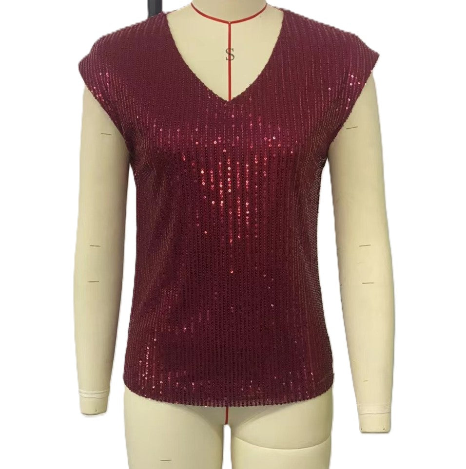 Sequin V Neck Cap Sleeve Top - Winered