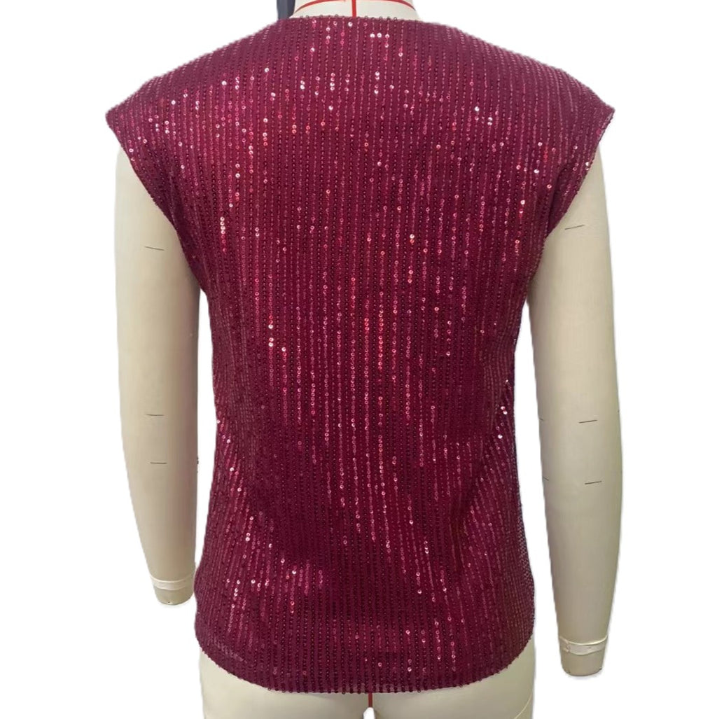 Sequin V Neck Cap Sleeve Top - Winered - 1