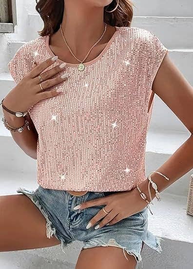 Sequin V Neck Cap Sleeve Top
