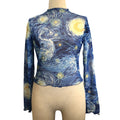Painted Night Sky Print Mesh Blouse - Blue