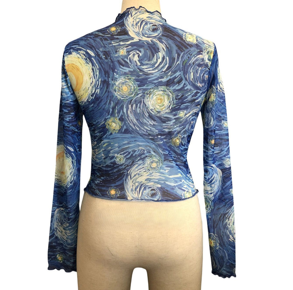 Painted Night Sky Print Mesh Blouse - Blue - 1