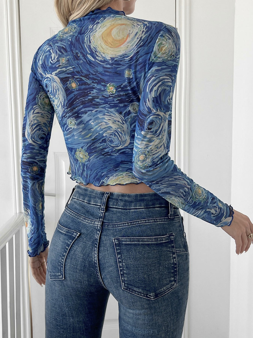 Painted Night Sky Print Mesh Blouse - Blue - 4
