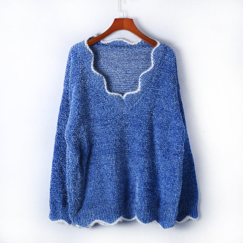 Scalloped V Neck Fluffy Knit Sweater - Blue - 1