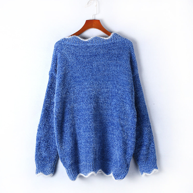 Scalloped V Neck Fluffy Knit Sweater - Blue - 2