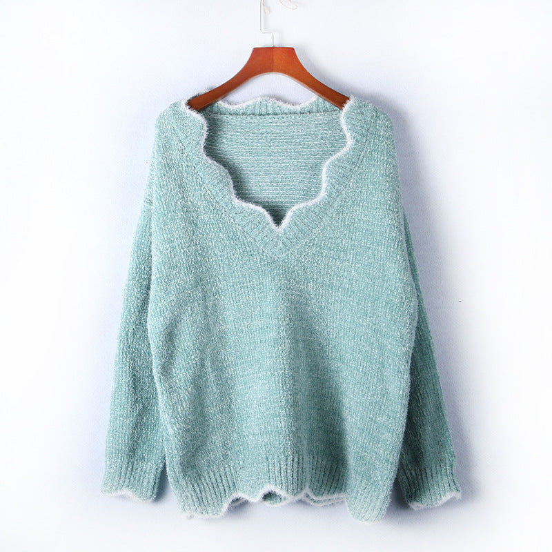 Scalloped V Neck Fluffy Knit Sweater - Green - 1