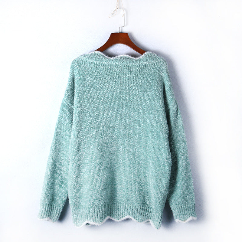 Scalloped V Neck Fluffy Knit Sweater - Green - 2