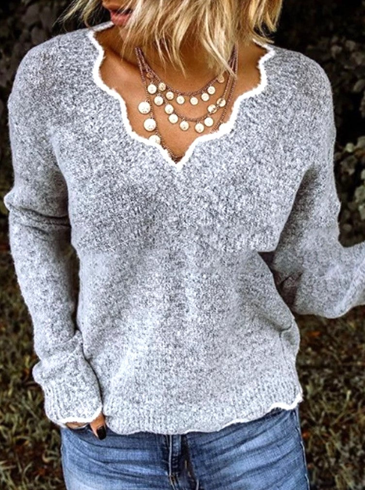 Scalloped V Neck Fluffy Knit Sweater - Grey