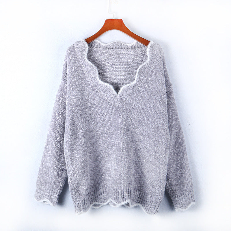 Scalloped V Neck Fluffy Knit Sweater - Grey - 1