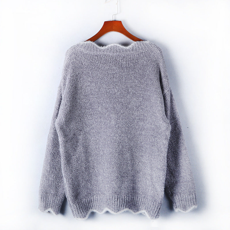 Scalloped V Neck Fluffy Knit Sweater - Grey - 2