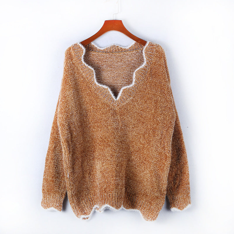 Scalloped V Neck Fluffy Knit Sweater - Khaki - 1