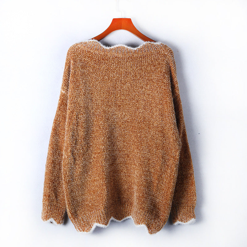 Scalloped V Neck Fluffy Knit Sweater - Khaki - 2