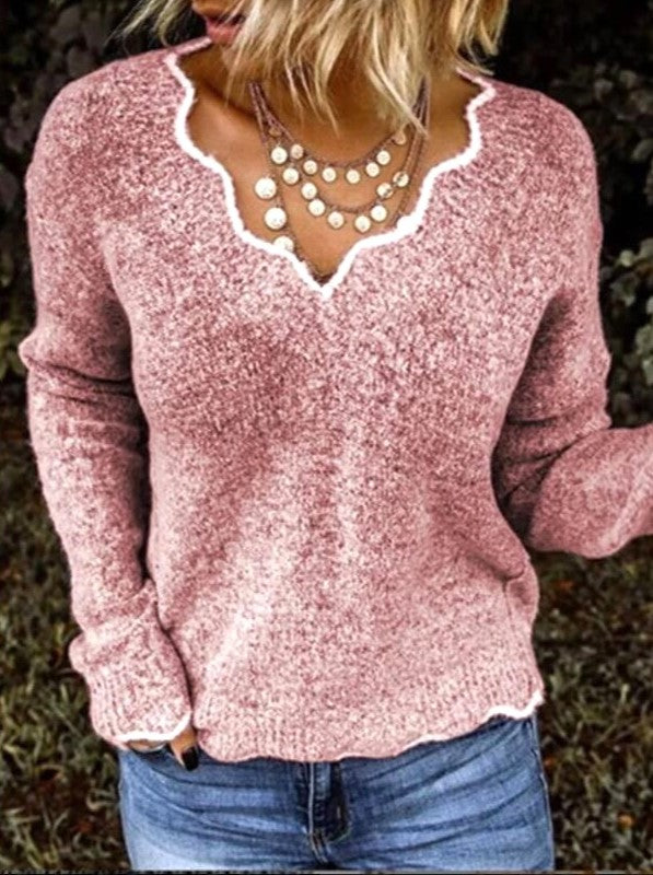 Scalloped V Neck Fluffy Knit Sweater - Pink