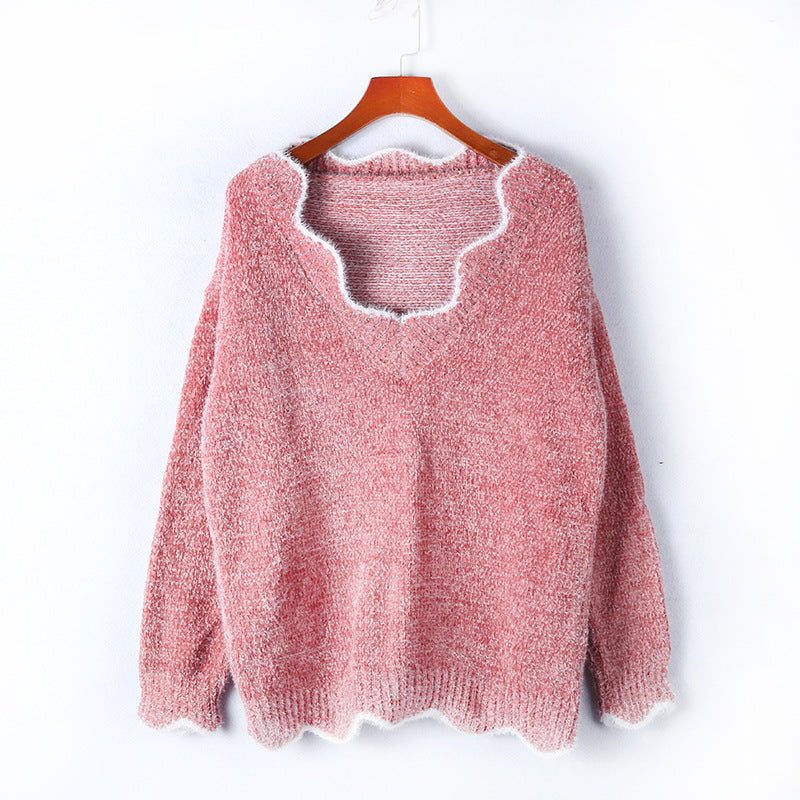 Scalloped V Neck Fluffy Knit Sweater - Pink - 1