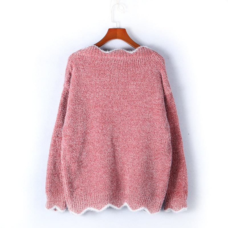 Scalloped V Neck Fluffy Knit Sweater - Pink - 2