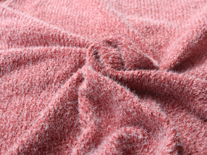 Scalloped V Neck Fluffy Knit Sweater - Pink - 3