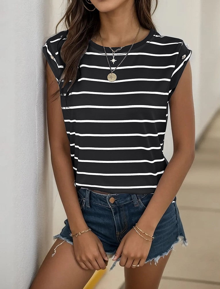 Breton Stripe Cap Sleeve Crew Neck Tee - Black