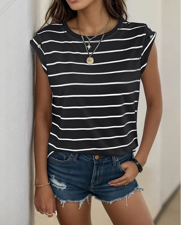 Breton Stripe Cap Sleeve Crew Neck Tee - Black - 1