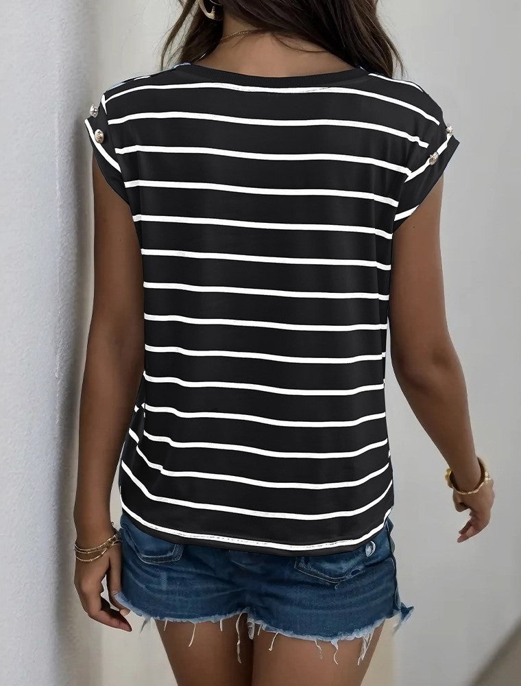 Breton Stripe Cap Sleeve Crew Neck Tee - Black - 2