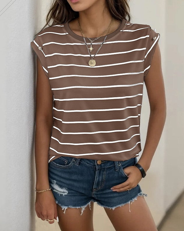 Breton Stripe Cap Sleeve Crew Neck Tee - Coffee
