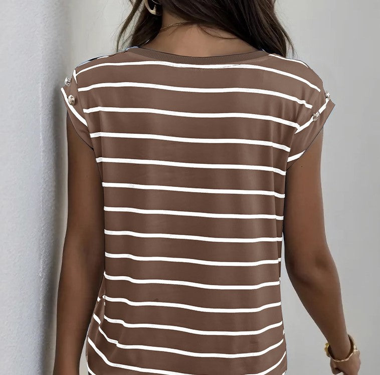 Breton Stripe Cap Sleeve Crew Neck Tee - Coffee - 3
