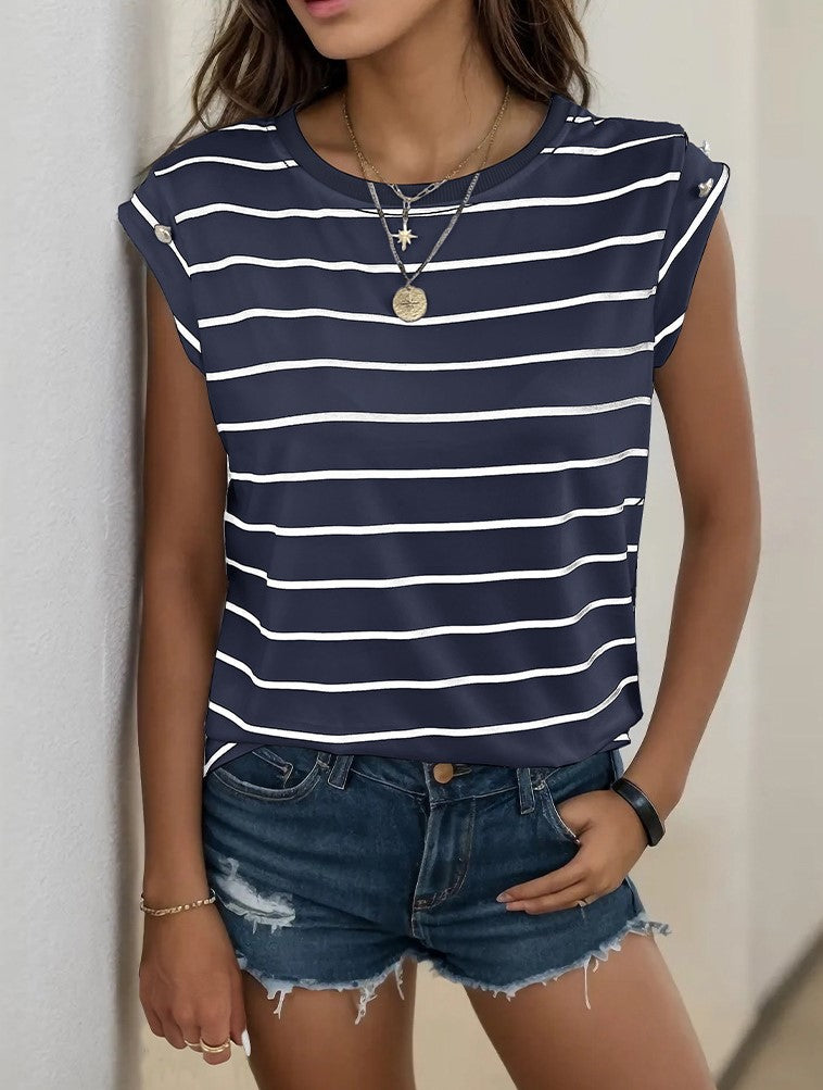 Breton Stripe Cap Sleeve Crew Neck Tee - Dark blue