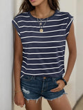 Breton Stripe Cap Sleeve Crew Neck Tee - Dark blue
