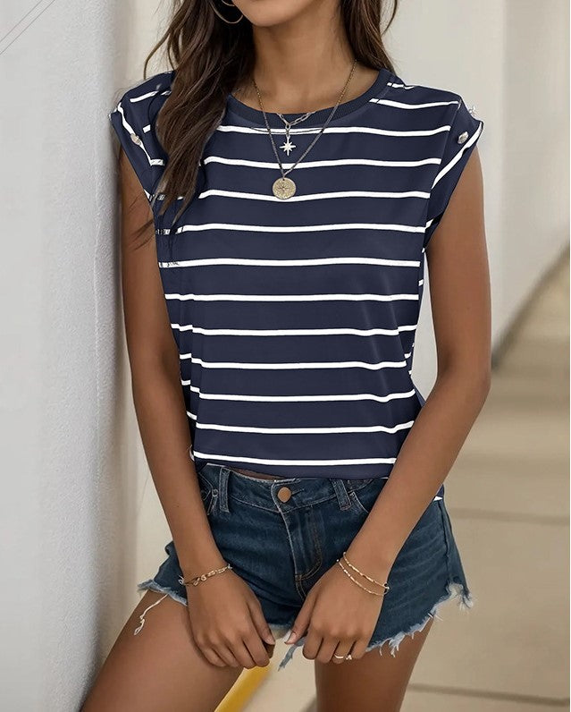 Breton Stripe Cap Sleeve Crew Neck Tee - Dark blue - 1