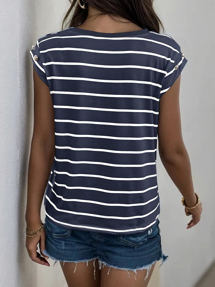 Breton Stripe Cap Sleeve Crew Neck Tee - Dark blue - 3