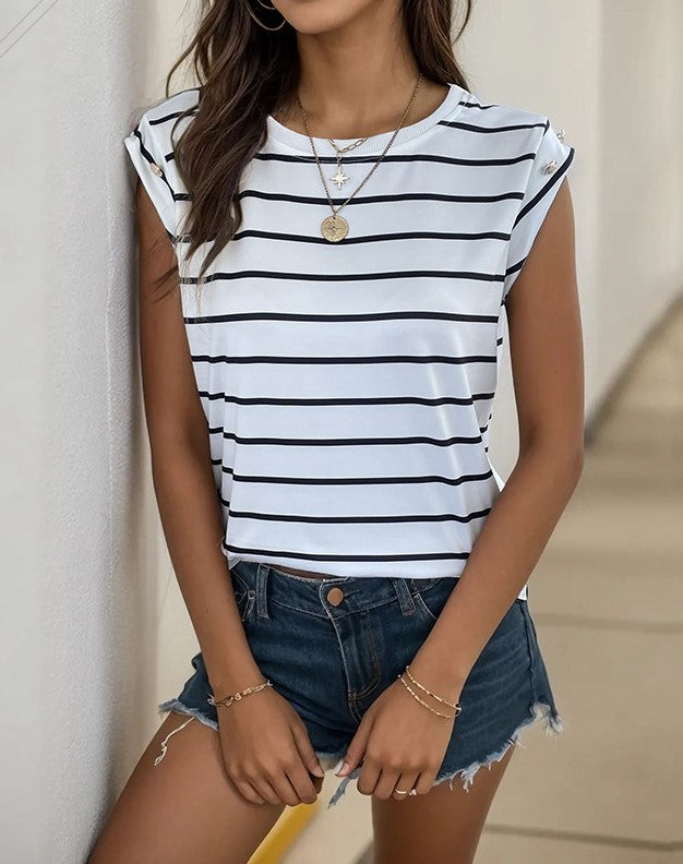 Breton Stripe Cap Sleeve Crew Neck Tee - White - 1