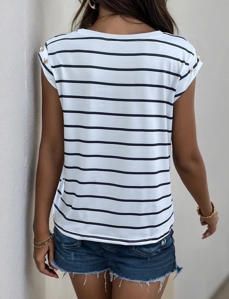 Breton Stripe Cap Sleeve Crew Neck Tee - White - 4