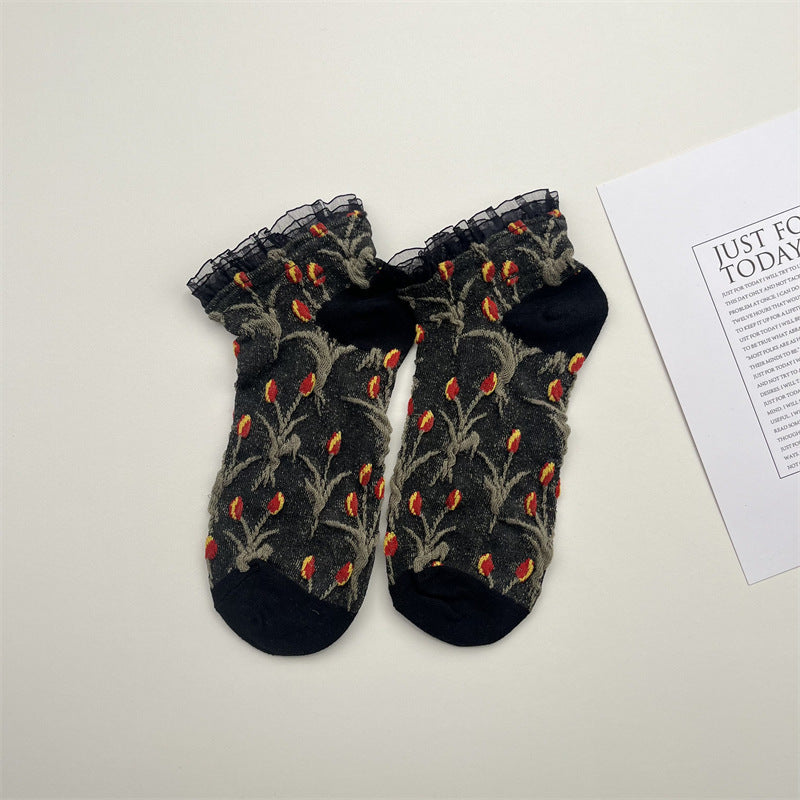 Tulip Print Frill Cuff Ankle Socks - Black