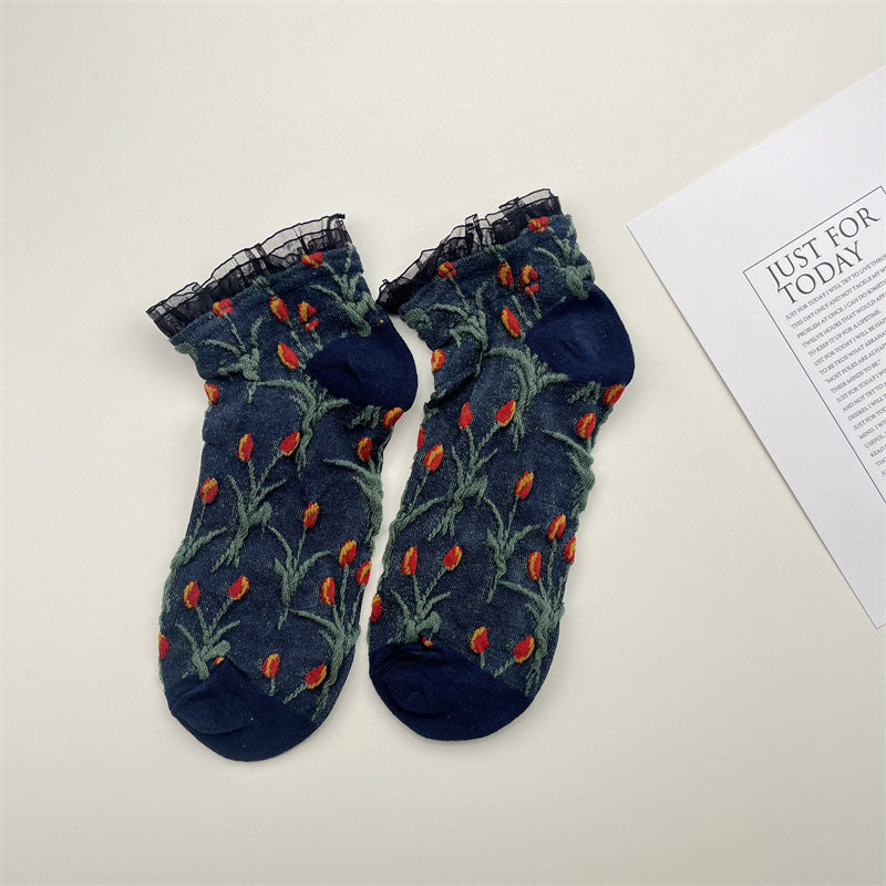 Tulip Print Frill Cuff Ankle Socks - DarkBlue