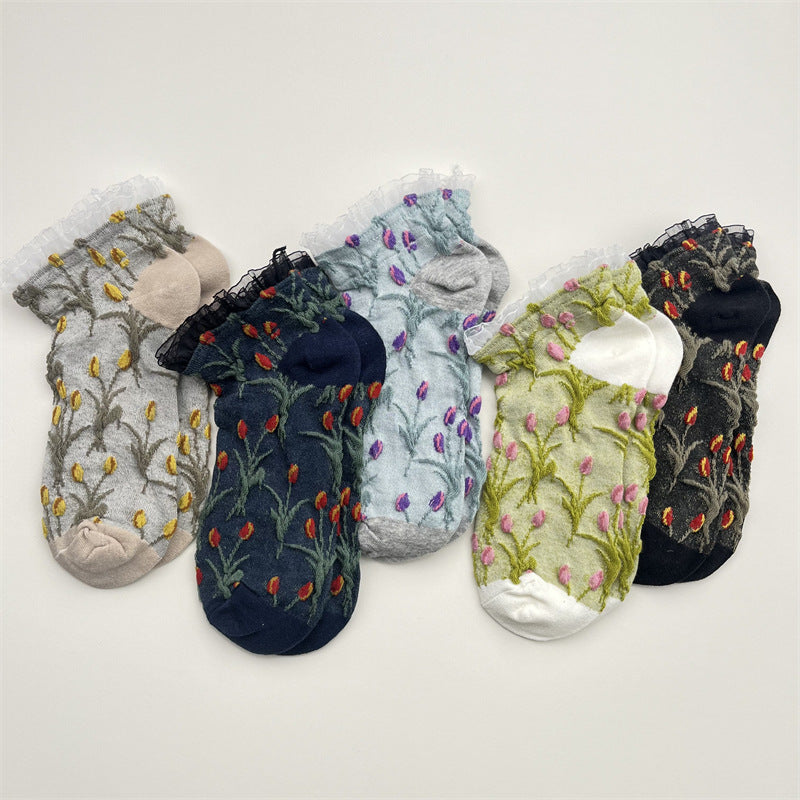 Tulip Print Frill Cuff Ankle Socks - Grey