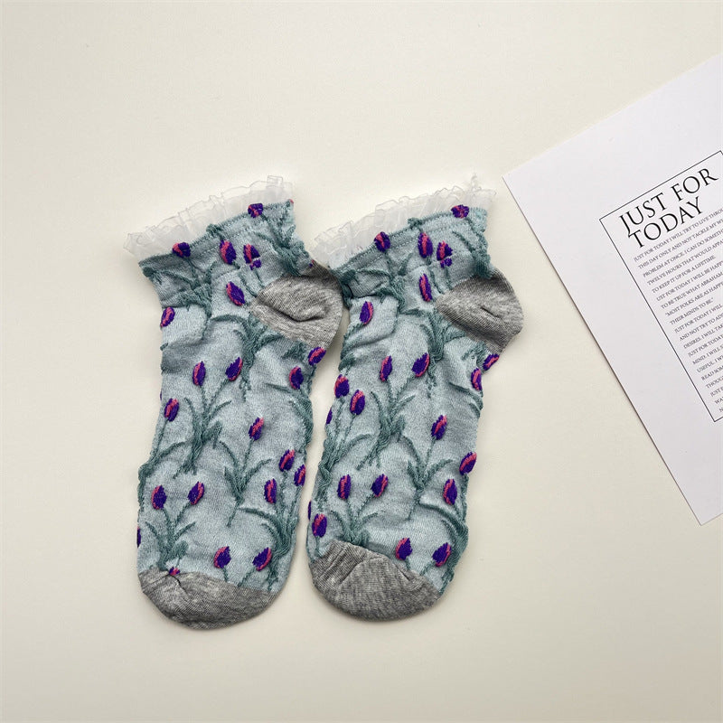 Tulip Print Frill Cuff Ankle Socks - Grey - 1