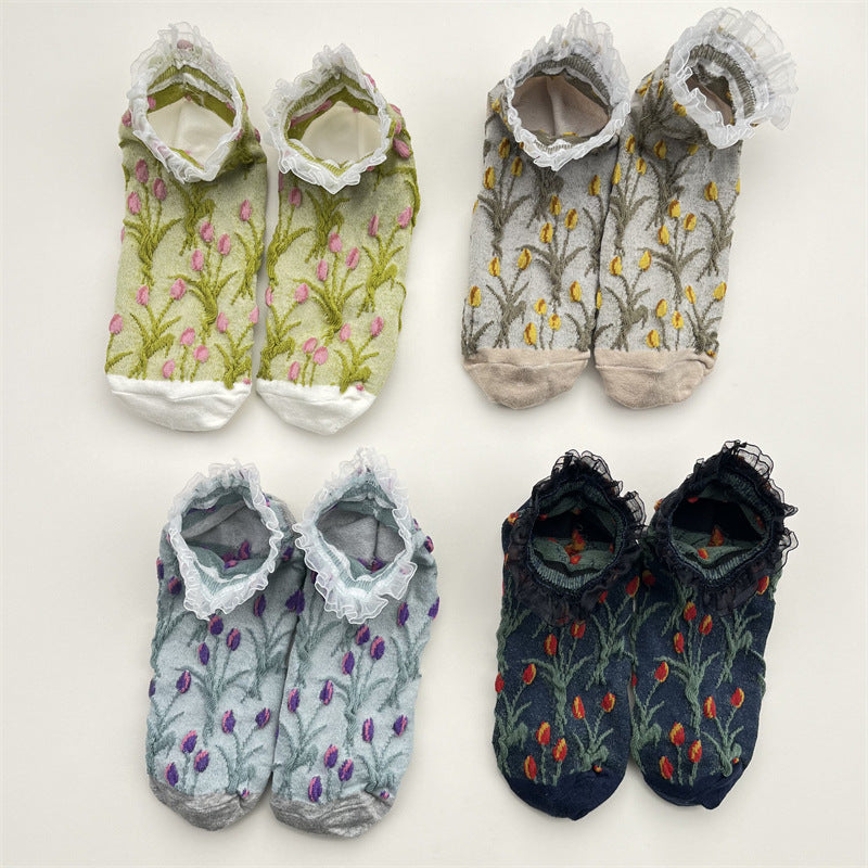 Tulip Print Frill Cuff Ankle Socks - Grey - 2