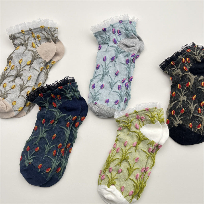 Tulip Print Frill Cuff Ankle Socks - Grey - 3