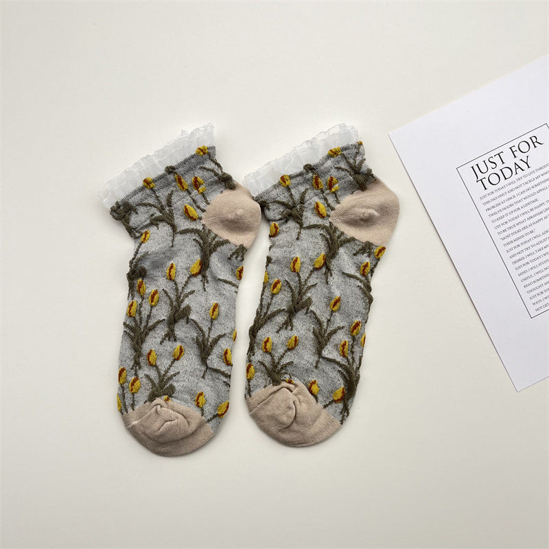 Tulip Print Frill Cuff Ankle Socks - Khaki