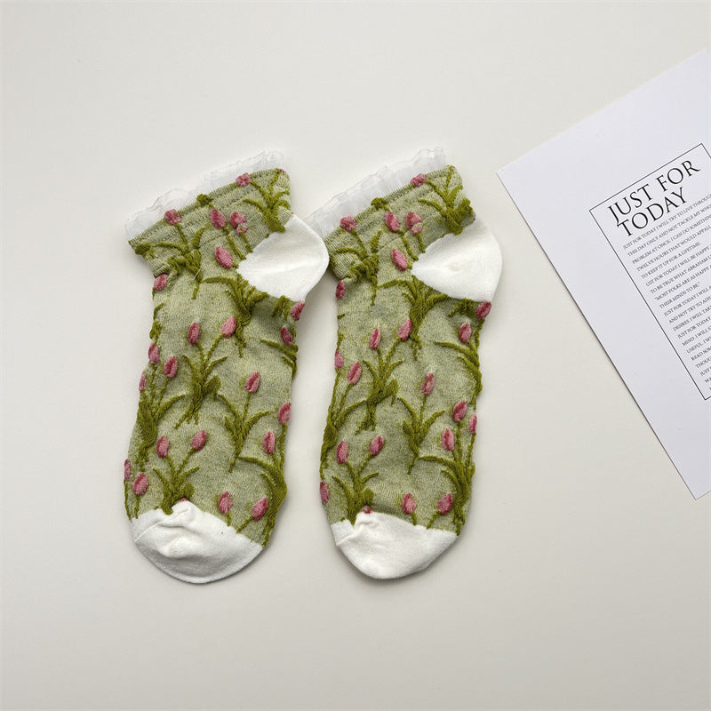 Tulip Print Frill Cuff Ankle Socks - White