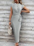 Ruched Waist Tie Cap Sleeve Maxi Dress - Grey