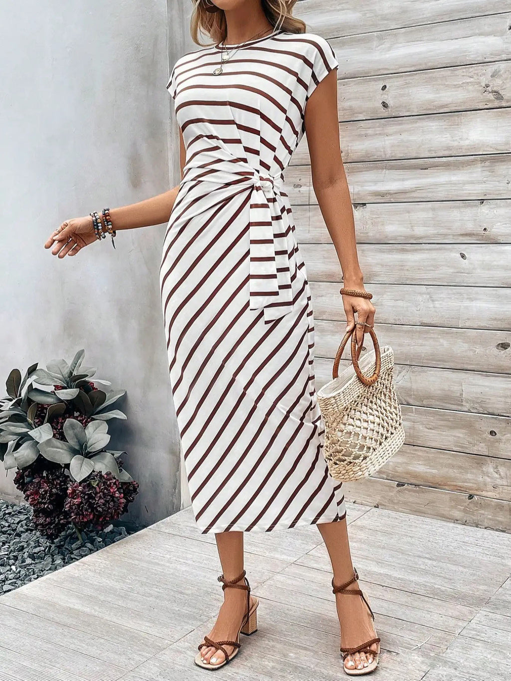 Ruched Waist Tie Cap Sleeve Maxi Dress - Stripe_K - 1