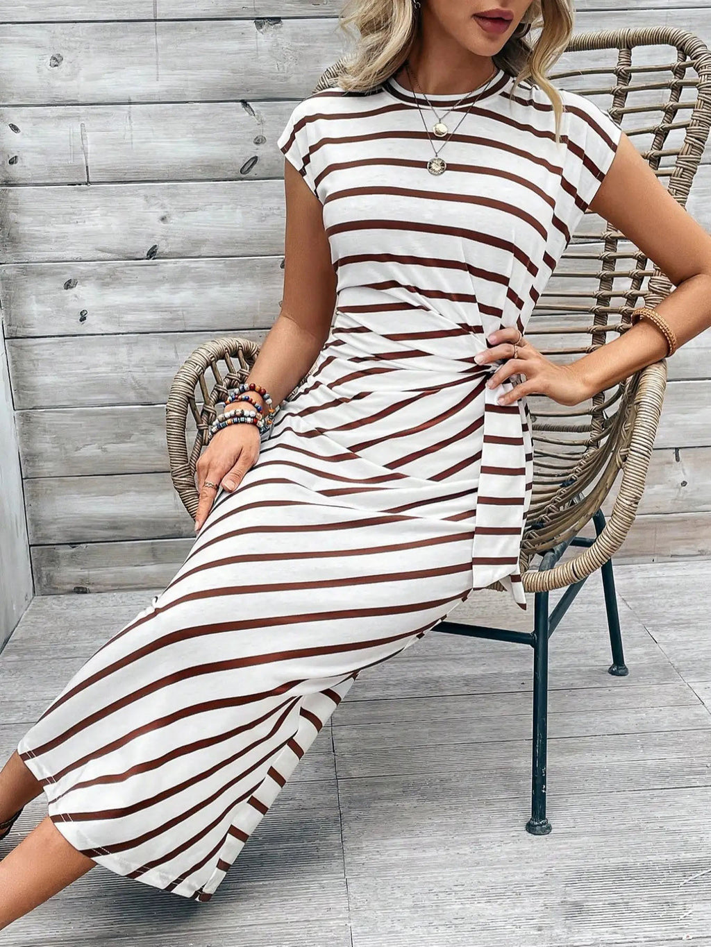 Ruched Waist Tie Cap Sleeve Maxi Dress - Stripe_K - 2