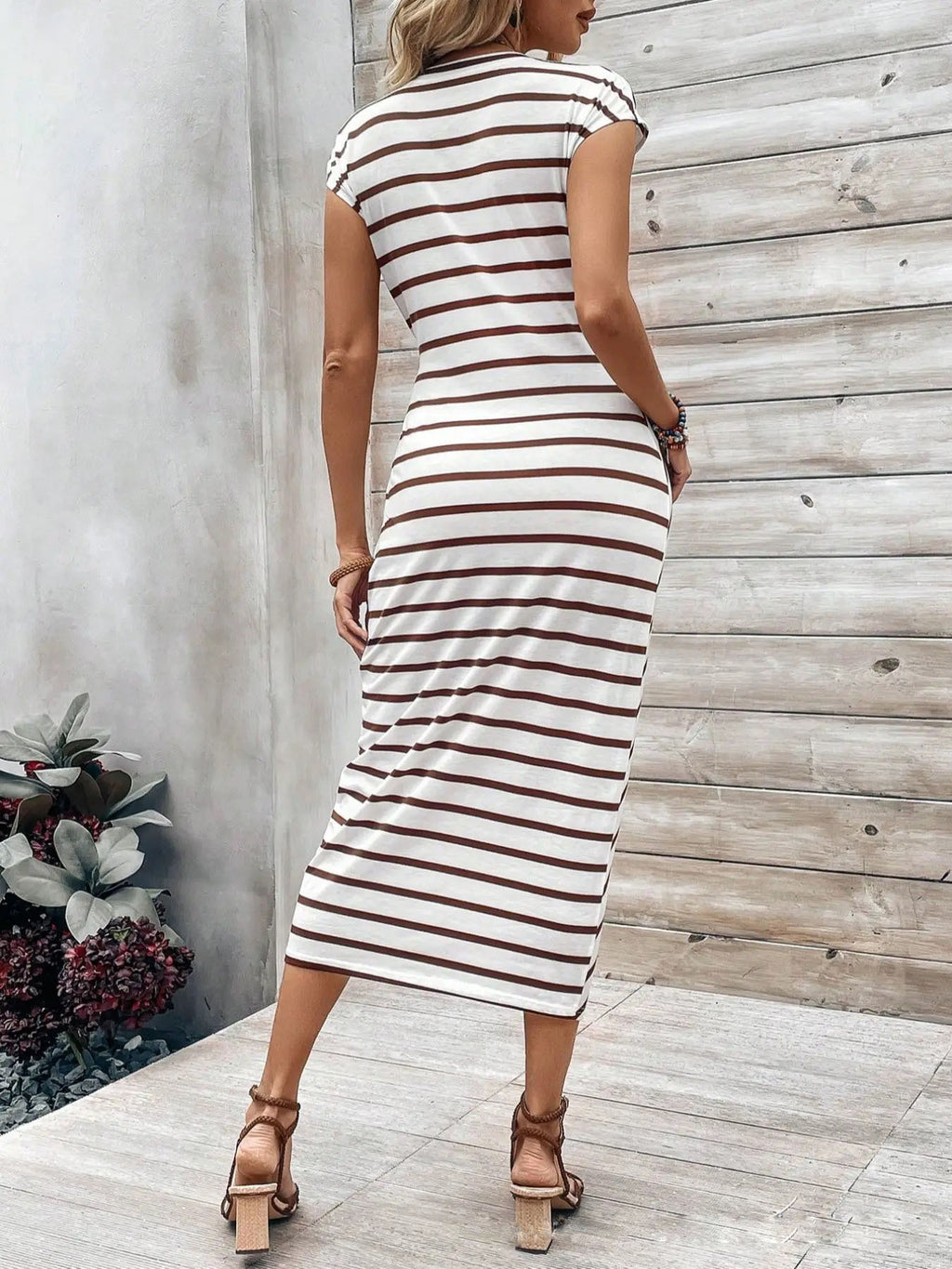 Ruched Waist Tie Cap Sleeve Maxi Dress - Stripe_K - 3