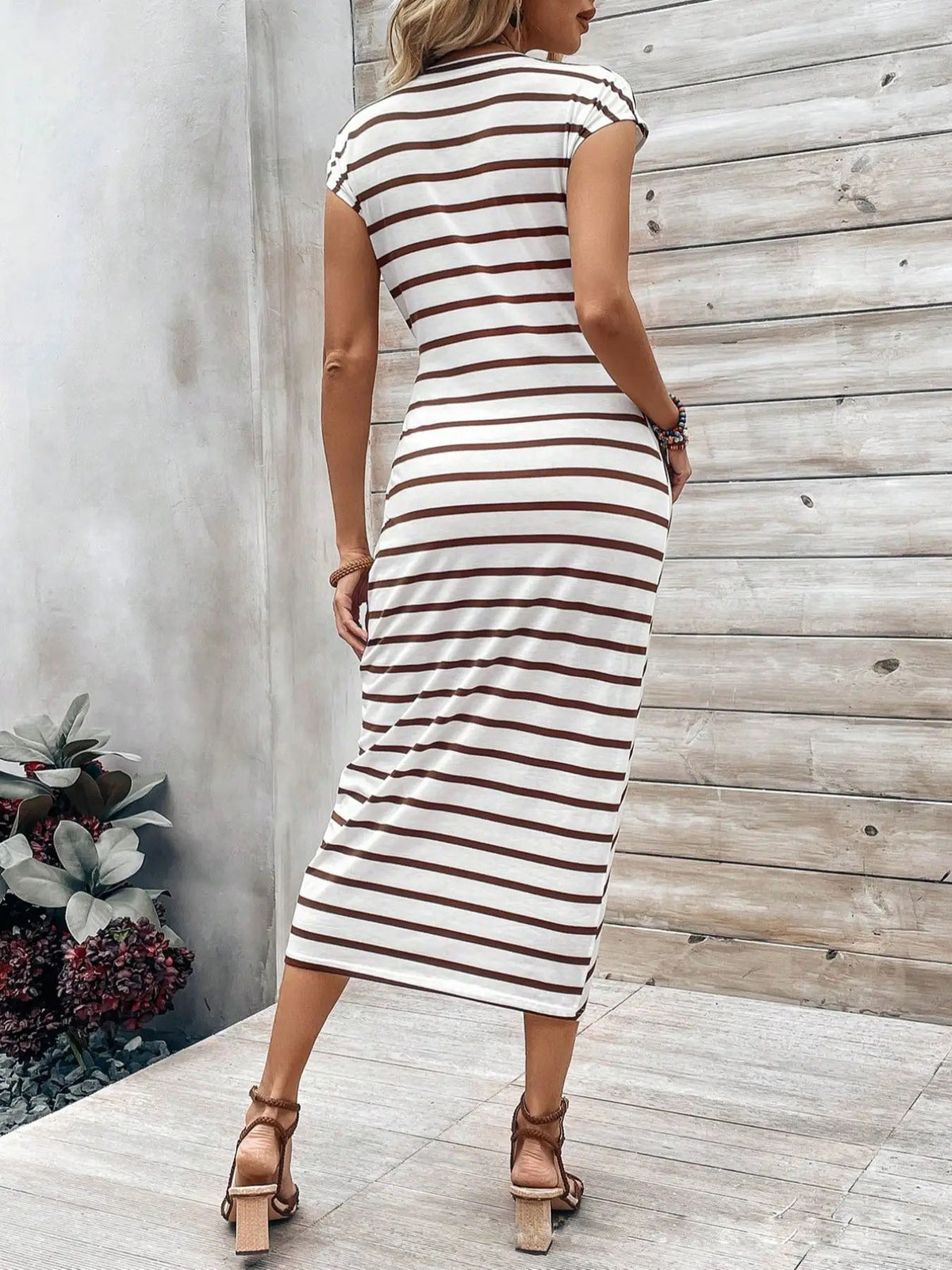 Ruched Waist Tie Cap Sleeve Maxi Dress - Stripe_K - 3