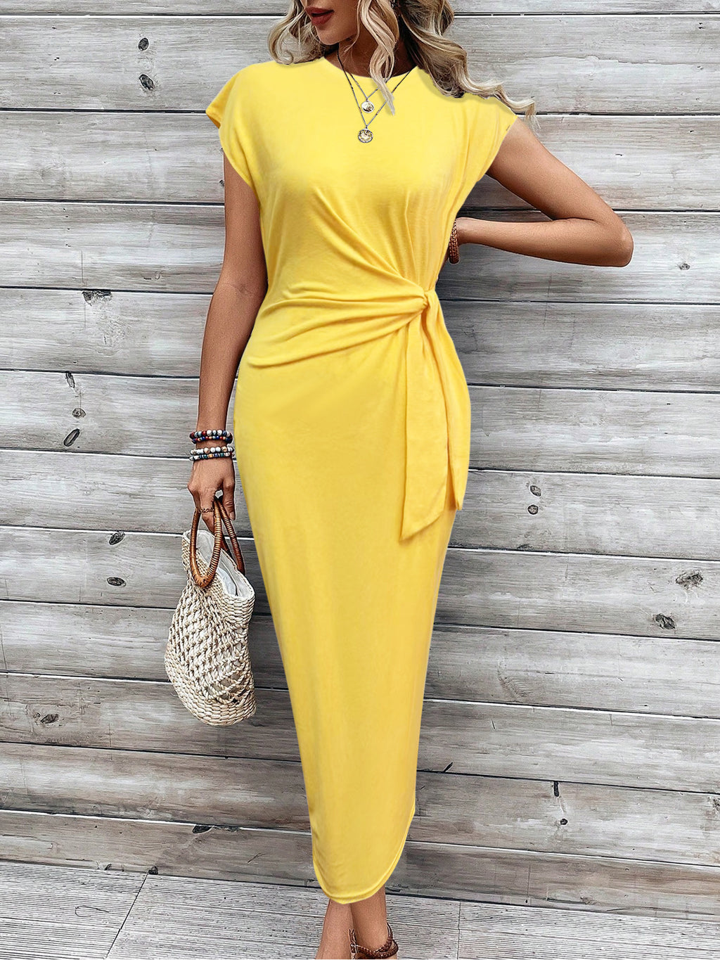 Ruched Waist Tie Cap Sleeve Maxi Dress - Yellow