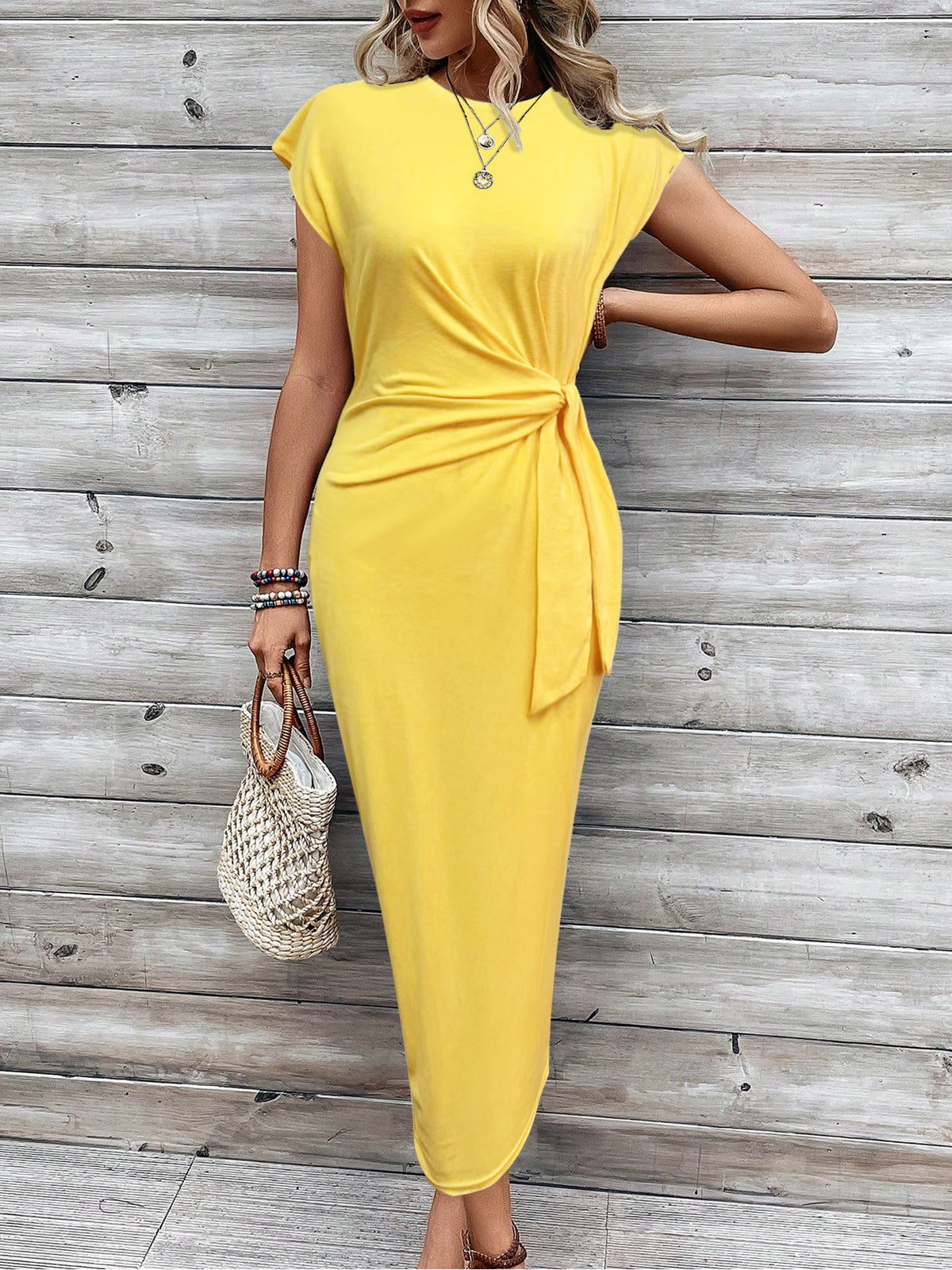 Ruched Waist Tie Cap Sleeve Maxi Dress - Yellow