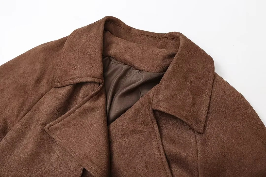 Faux Suede Belted Maxi Trench Coat - Coffee - 2