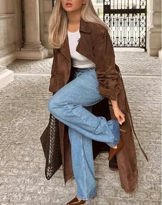 Faux Suede Belted Maxi Trench Coat - Coffee - 3