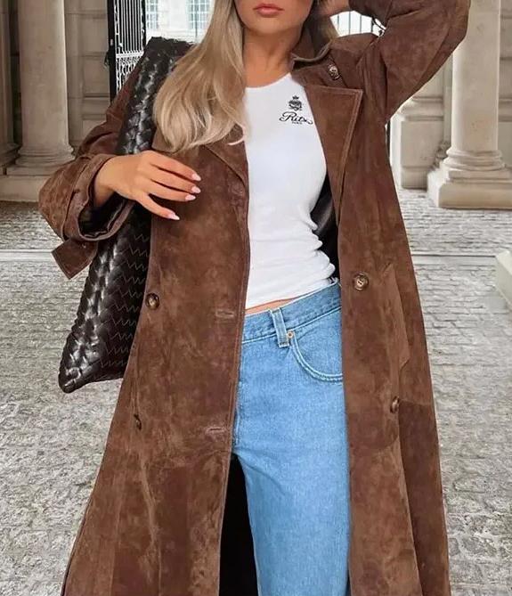 Faux Suede Belted Maxi Trench Coat - Coffee - 4