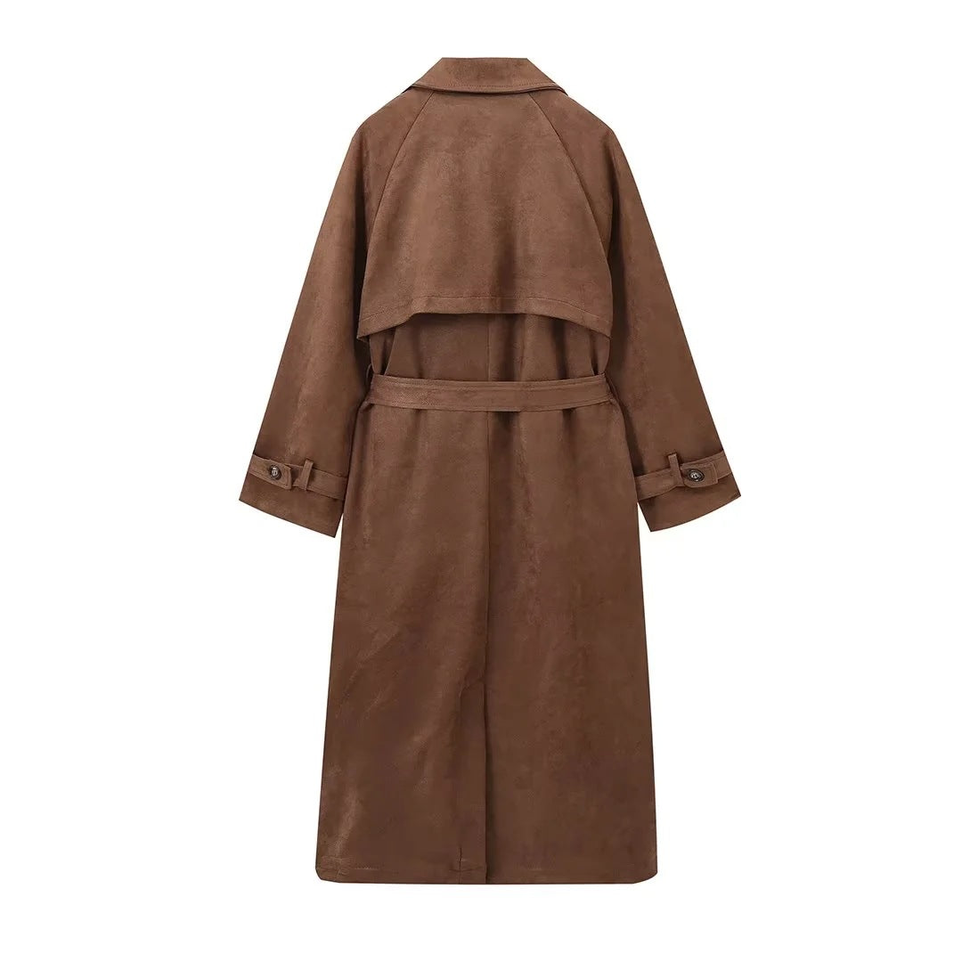 Faux Suede Belted Maxi Trench Coat - Coffee - 5