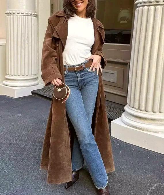 Faux Suede Belted Maxi Trench Coat